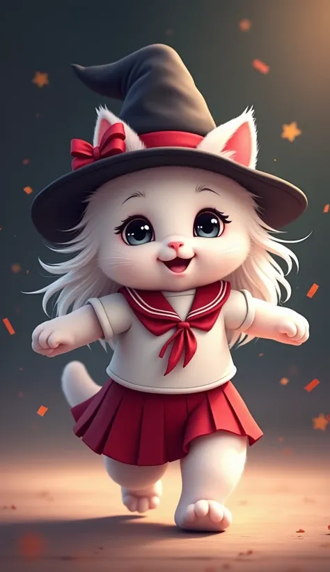 photo realistic, 8k, at school an adorable white cute kitten wearing a Indonesian school uniform white clothes and red skirts is running, 1girl, Hair Ornament, Simple black pink and fly love background, Solo, Witch Hat,,Stifled Laugh, Glowing Eyes, Devil P...