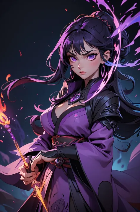 Best quality, masterpiece, high quality, detailed beautiful face, (detailed beautiful purple eyes), full-body shot, tall and elegant, Tsukuyomi, nihonshinwa, Japanese, woman, dark sorceress, shadowy atmosphere, mysterious aura, ethereal glow, darkness, RPG...