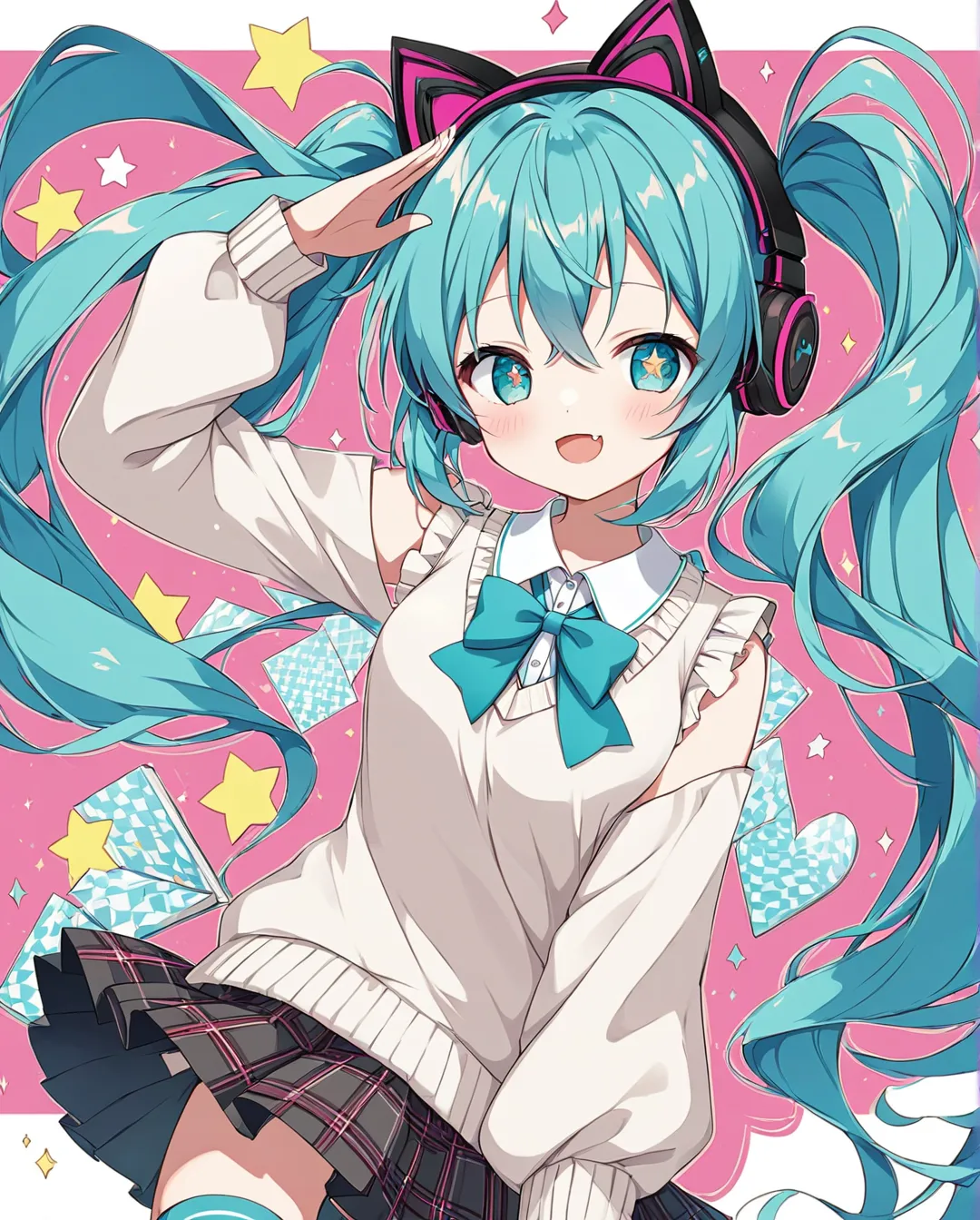 1girl,aiu,hatsune miku,girl, cute袖, 1girl、alone、lhatunemiku、mesmerizer、cat ear headphones,mesugaki, cute, upper body style 5, me...