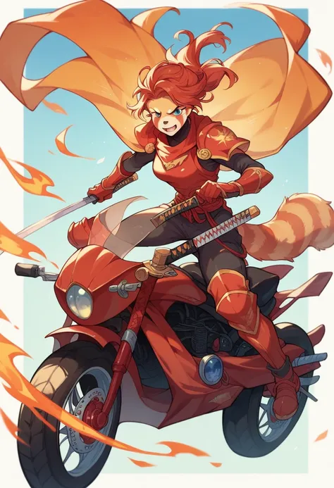 Red panda, in red samurai armor with orange flame decals on it, riding a red high tech motorcycle with orange flame designs on it as well, holding a katana 