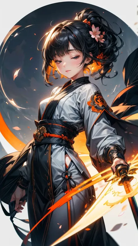 1girl, hair over one eye, asymmetrical bangs, hair behind ear, black straight hair, small breast, closed eyes, light smile, floating swords, grey and orange tectical kinono, Harness, grey and orange tectical tech wear, flower decoration, cherry blossom, to...