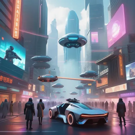 create a photorealistic image of a high-tech city street imbued with cyberpunk aesthetics. the street should be bustling with ac...