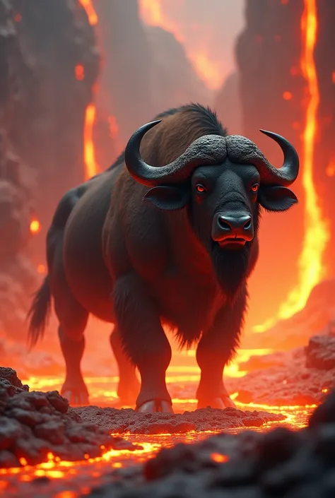 Create lava standing with giant buffalo  3d animation image 