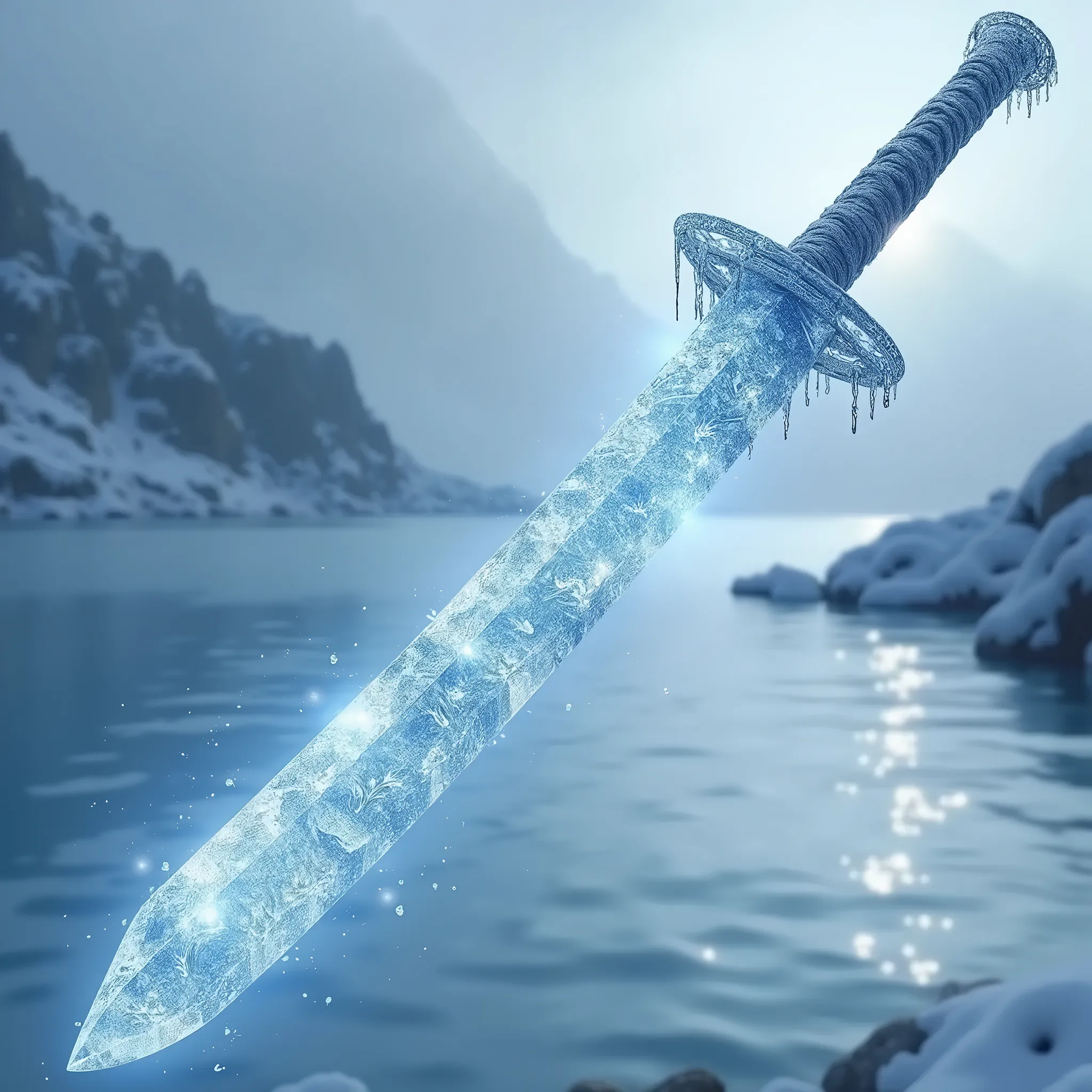 A beautiful, clear katana made of ice. very realistic