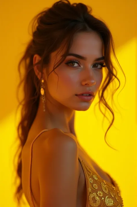 Furious beautiful sexy woman on yellow background
