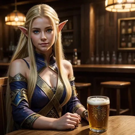 a woman sitting at a table with a glass of beer, elven character with smirk, realistic anime art style, warcraft, inspired by Nína Tryggvadóttir, s3xy girl with long blonde hair, where everyone is an npc, cafe lighting, inspired by Howard Lyon, intensely b...