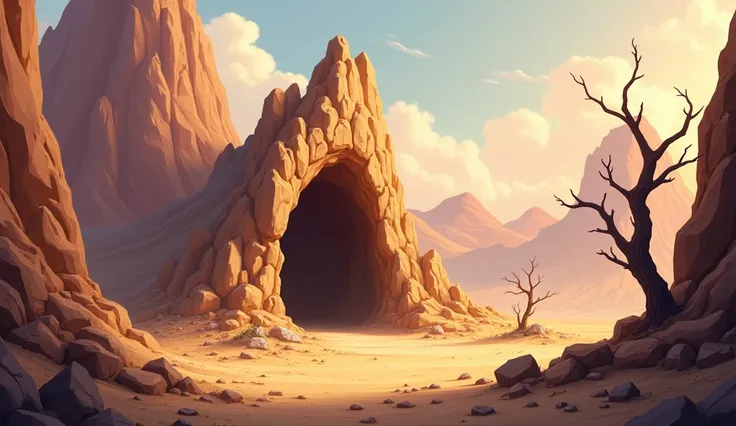 " The mountain cave as a safe haven ,  amidst a desolate landscape IN BIBLICAL TIMES "  — A wide view of the solitary cave in the mountains, surrounded by dry trees and rocks ,  representing the solitude and security found there .  Creating in Disney style...