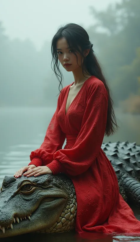 Chinese aesthetics,Realistic style，Chinese Beauty, extremely detailed ，giant realistic aligator floats on the foggy lake, model is seating on top of the aligator, she has a distinctive, stylish dark brown long hair, the fashion aesthetic. The model is dres...