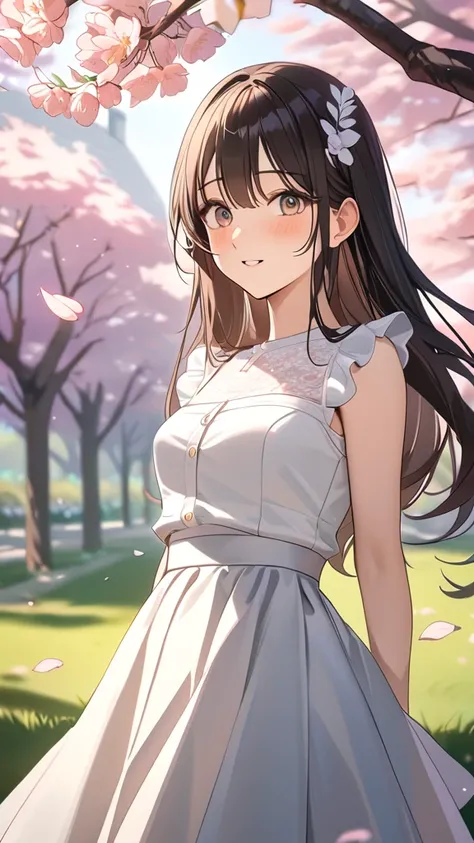 1 girl, ( cute face), Big Eyes,  long hair,  straight,  Pretty Girl Game Outfits, Lace blouse,  flared skirt showing right shoulder, Small breasts,  Graceful Posture, 夢見るような表情  
break, Spring in the park, (Soft Light:1.2),  Scenery with Flowers Blooming , ...