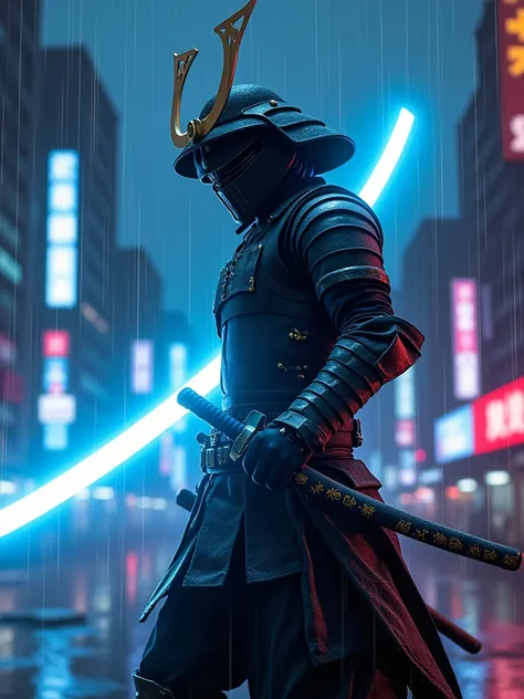 A futuristic samurai warrior wielding a glowing neon katana, set against a cyberpunk Tokyo cityscape at night, holographic rain falling, katana radiating blue light, reflective surfaces, sleek high-tech armor with traditional Japanese design elements, neon...