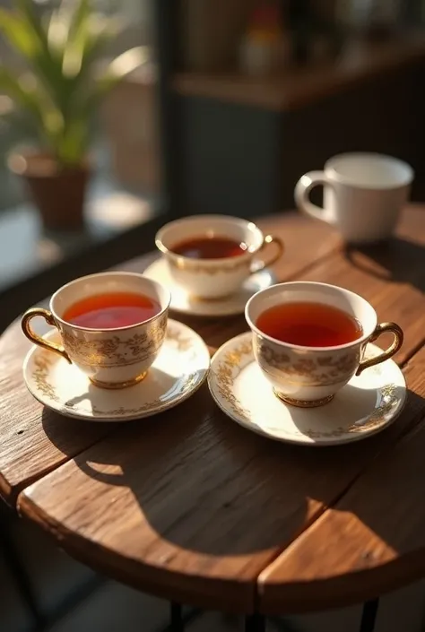 (photorealism:1.2), two tea cups, top angle camera view, coffee shop background, one of the tea cup is empty, other tea cup is full, camera angle from top of the cups, one cup is empty