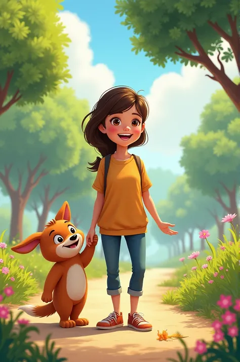 An illustration of the  smiling brightly, her eyes sparkling with happiness. Milo stands beside her, his arms wide open, ready to invite others. In the background, trees are swaying gently and flowers are blooming, indicating a beautiful day ahead.