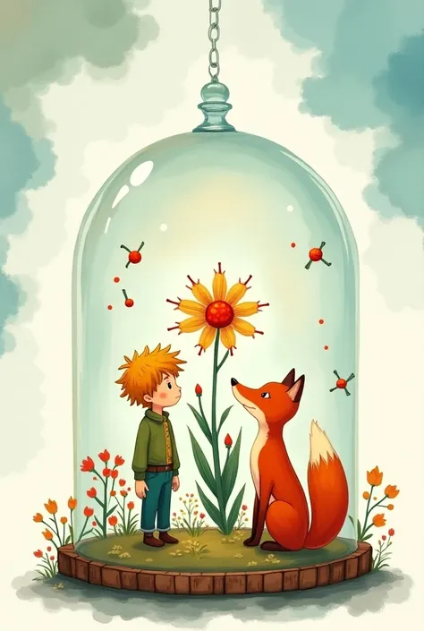  Create a cartoon-style illustration with the little prince, the fox and the flower in a dome and elements from Van Goghs paintings while maintaining the impressionist characteristic.. In watercolor tones and vertical portrait orientation size a5 