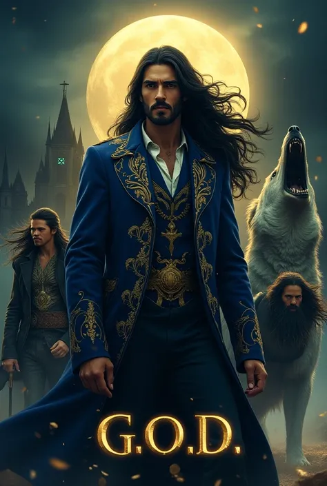 Godly Man with long black hair wore long royal blue and golden designed coat flipping a coin in main, mysterious man with glowing eyes long tied black hair wore long royal black coat in left side, young ancient man with grown black hair and short beard run...