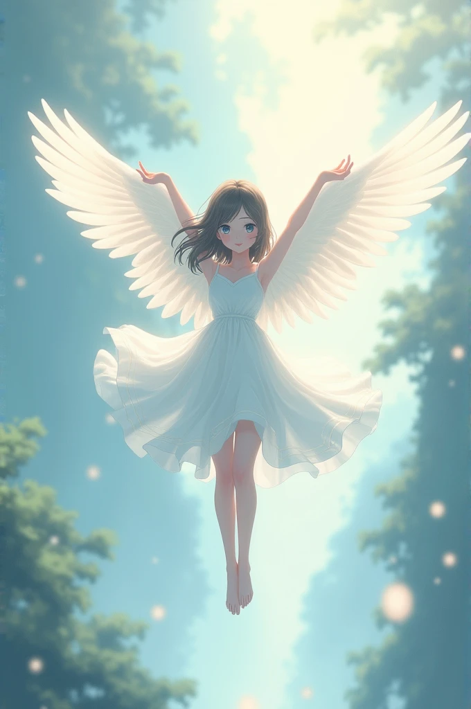 An anime girl levitating with her white wings