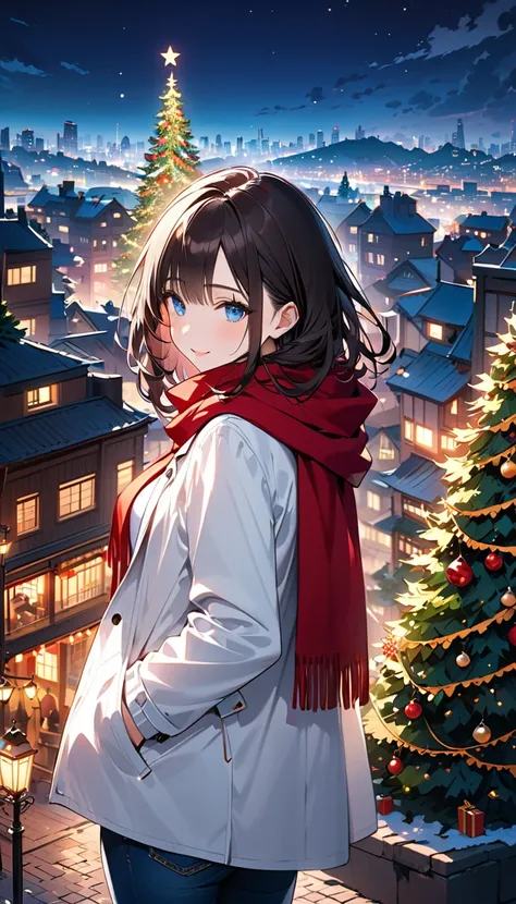 (((masterpiece, masterpiece、 best quality, Super detailed:1.5))), (Detailed night cityscape,fantasy), (very wide shot),( Extremely Beautifully Detailed Faces ), (Best lighting,  extremely delicate and beautiful ), ( very beautiful woman, Alone, long dark h...