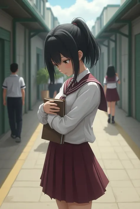  Create a  ,  in a school uniform white blouse and burgundy skirt . Holding a school book  , head down , as if he were sad.  She is on the schoolyard with other s 
