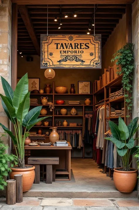 Log type of mens clothing store called Tavares Emporio involving indigenous traits and nature 