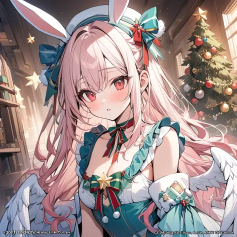 ,a girl in Christmas theme々）sexy innocent beautiful, ribbon shaped choker, (masterpiece, highest quality), official art, beautiful and aesthetic: 1.2), (1 girl), very detailed, (blue yellow art: 1.3), Christmas colorful, pink long hair red eyes、  half body...