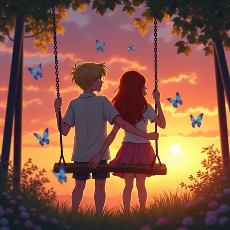 a couple. A young blond man with his hair tied , shoving the back of a young redheaded woman on the swing. sunset. back perspective.
blue butterflies 