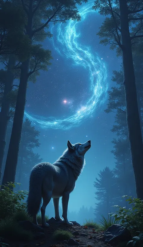 Fantastic night forest　A wolf looking up at the sky　Fantastic night sky　Photo-realistic images