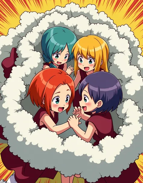 An anime-style comic depicting monk-girls playfully wrestling with each other inside a  comical fight cloud.
each monk-girl has different  colored hair.
their faces,hands,and feet are visible emerging from the cloud as they tussle humorously,  with the res...