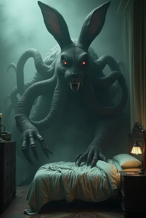 a massive eldritch rabbit with long tentacles in a bedroom,highly detailed,intricate,dark fantasy,horror,chiaroscuro lighting,dramatic shadows,moody atmosphere,octopus-like tentacles,towering over a bed,sinister expression,glowing eyes,sharp teeth,gnarled ...