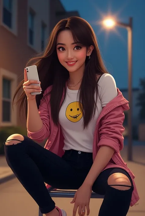  Beautiful 25-year-old Asian European woman with long brown straight hair blowing in the wind wearing a white t-shirt with a picture of emot 🤩, in open pink jeans jacket ,  long tight black jeans torn to the knee , Pink Nike shoes sit in a steel chair unde...