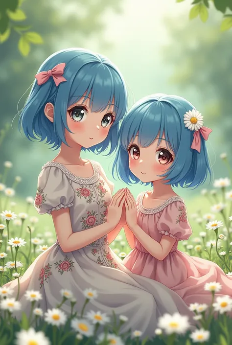 Beautiful anime girls have a very beautiful chamomile flower and wear a Victorian floral dress and have short blue hair. The s have bright blue hair and beautiful eyes that look like their mother