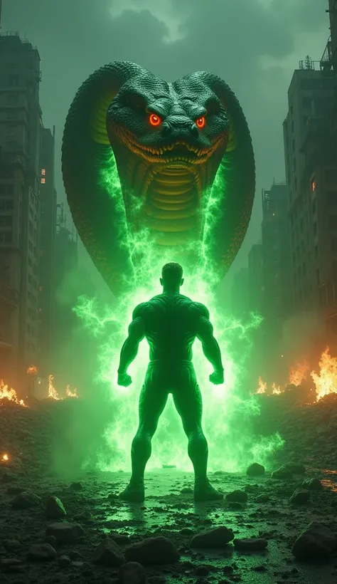 "A heroic figure in a glowing green suit, inspired by a classic comic book superhero, stands ready for battle in a dark, apocalyptic city setting. His fists radiate bright green energy, casting light on the cracked and broken ground around him. Across from...