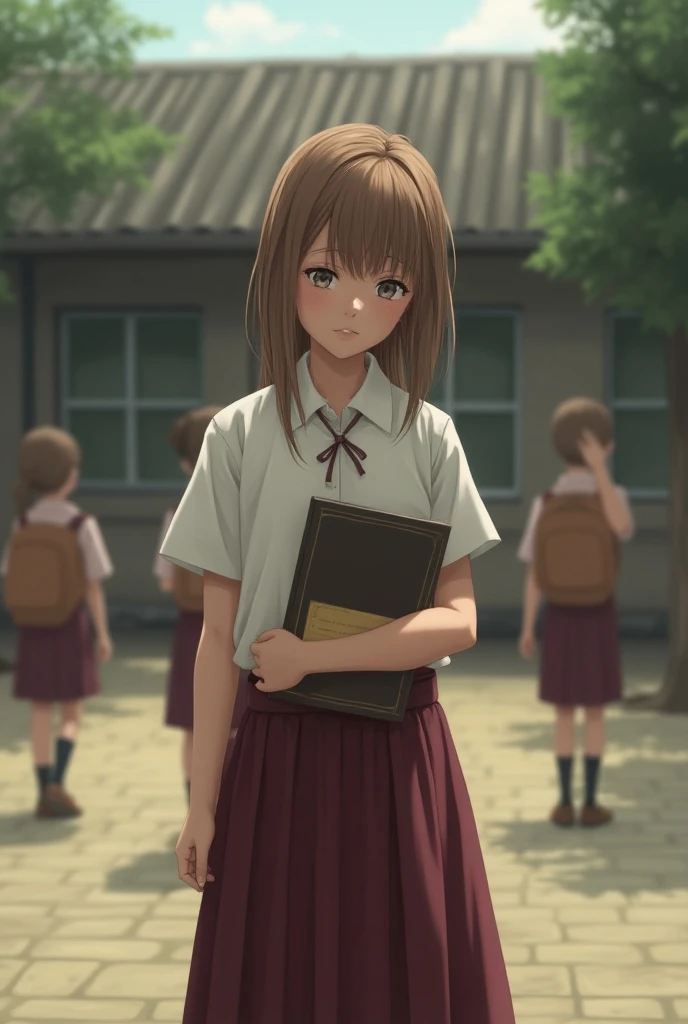 Raise a realistic six-year-old, light brown hair,   in a school uniform white blouse and burgundy skirt . Holding a school book  , head down , as if he were sad.  She is on the schoolyard with other s 
