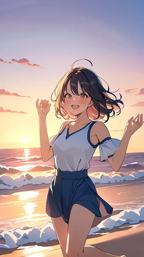 1 girl, ( cute face), smile,  medium hair, Loose curls,  Pretty Girl Game Outfit ,  medium chest, Natural Posture , 明るいエネルギー  
break, Sunset on the Beach , ( bright light:1.2), Sunset sky,  Relaxed Atmosphere ,  
break, The sound of waves, Play with friend...