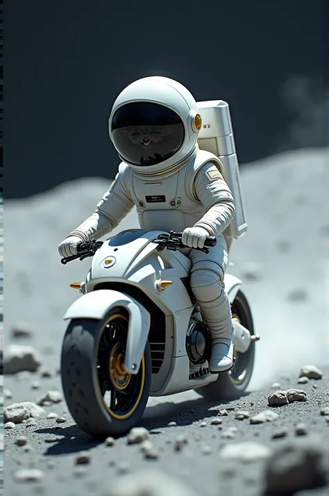 cat、Space Suit、 space helmet with a crescent moon batch、White Cape、Lunar Surface、White Motorcycle、circuit、race