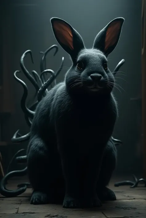 a huge black rabbit with long tentacles, detailed anatomy, in a dark bedroom, dramatic lighting, surreal, dark fantasy, cinematic, photorealistic, (best quality,4k,8k,highres,masterpiece:1.2),ultra-detailed,(realistic,photorealistic,photo-realistic:1.37),e...