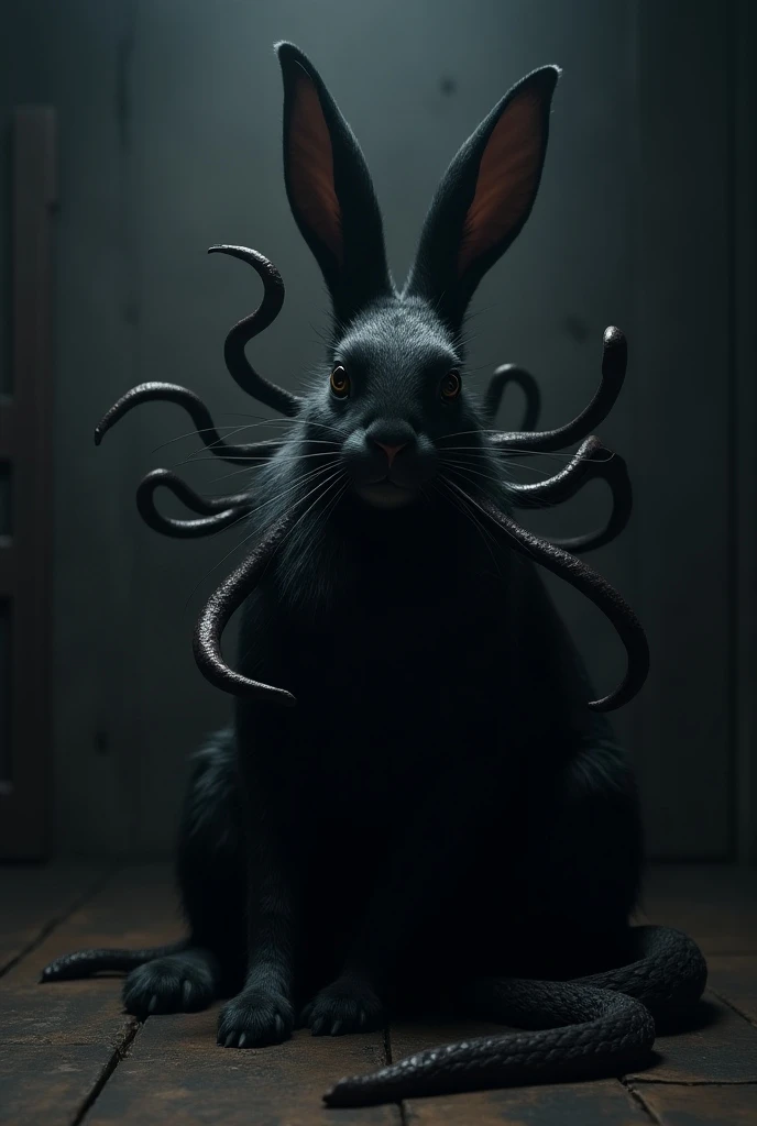 a huge black rabbit with long tentacles, detailed anatomy, in a dark bedroom, dramatic lighting, surreal, dark fantasy, cinematic, photorealistic, (best quality,4k,8k,highres,masterpiece:1.2),ultra-detailed,(realistic,photorealistic,photo-realistic:1.37),e...