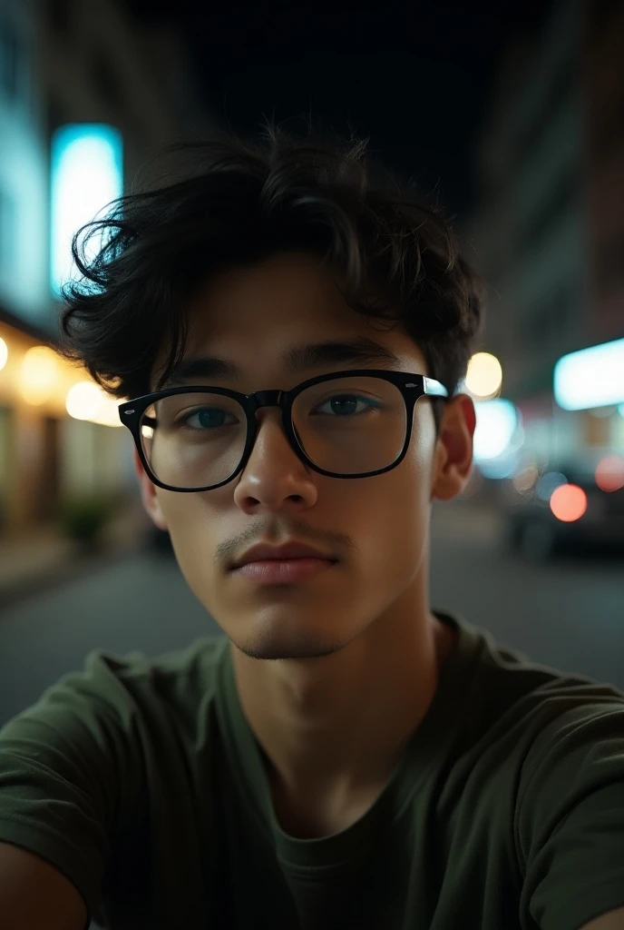 a handsome 23-year-old man, dark hair, photo selfie on the street, realistic,  boy next door, friendly, baggy clothes, broad shoulders, thin waist, glasses, night, messy hair, film grain, retro, Porta 160 color, shot on ARRI ALEXA 65, sharp focus on subjec...