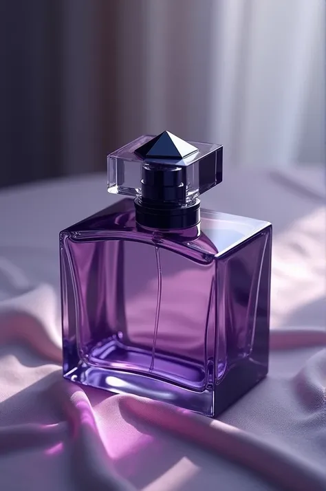  Purple perfume in the shape of a hexagonal , gray transparent cap with a pointed shape ,lies on a tablecloth  