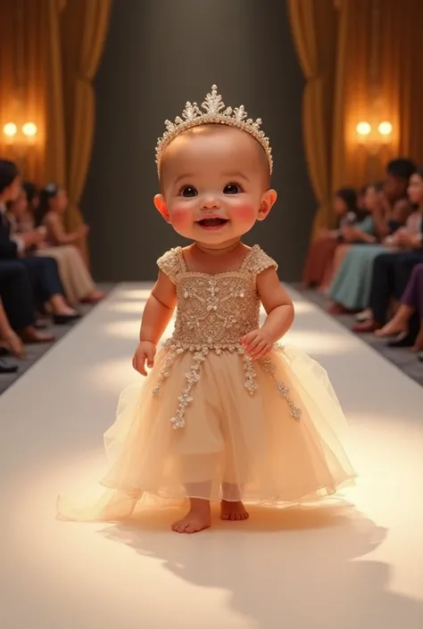 Create a baby image on a fashion show runway with princess clothes 