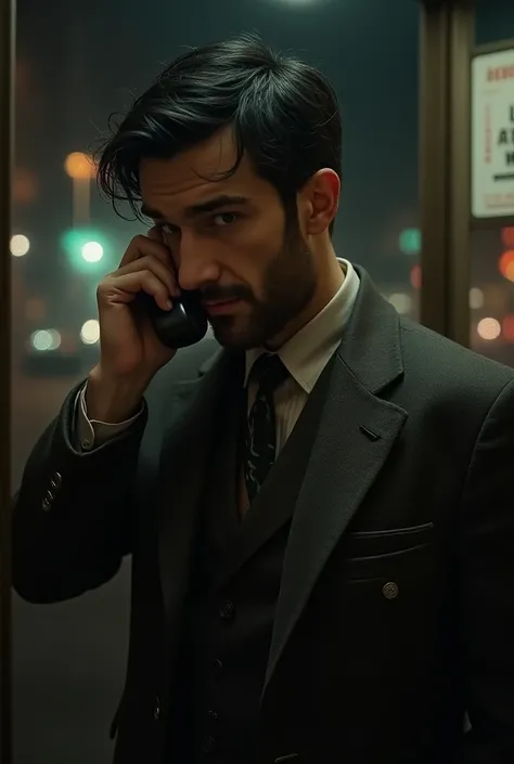  A drunk man with black hair and wearing a 1946 suit, making a call  