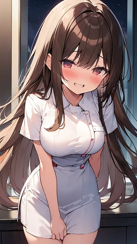 (Masterpiece, Top quality: 1.5), (at night:1.5), nsfw, ample breasts, (nurse uniform:1.3), (brown:1.5), (long Hair:1.2), wavy Hair, asymmetry bangs, swept bangs, airy hair, standard weight, grin, (blush:1.4), open mouth, beautiful scene of hospital, (leani...