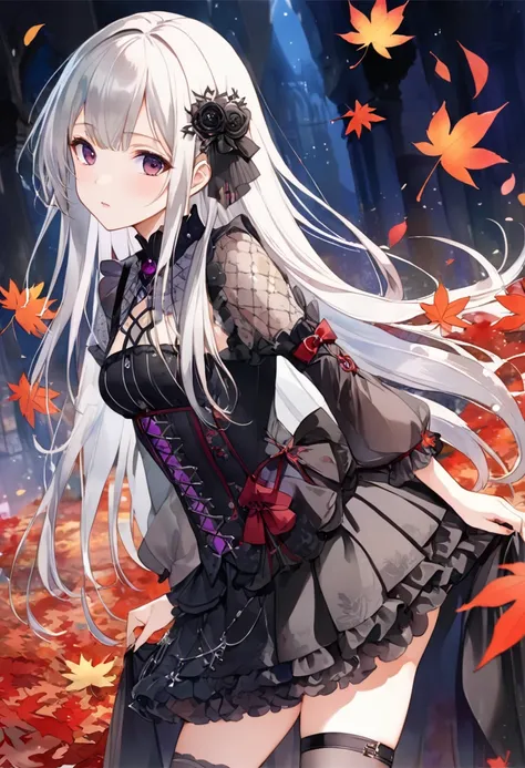 (((nsfw))), ((( my butt sticks out above the fallen leaves  )))  ,(((watercolor)))、((( Doggy Style ))),  (((gothic ))), she was adorned with hair accessories、, Straight Silver Hair..Super mini skirt with frills, sheの表情は自然だ,    calm expression   . she is we...