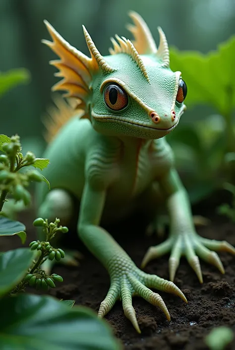 Surreal, bizarre and fantastic photography.
A cute fantasy animal with with very good camouflage. Appears to be a Chameleon, that hides in leaves of the trees. a lot of leaf structure and leaf vein structure on body. scale structure in leaves. Fringe and c...