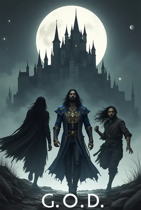 Godly Man with long black hair wore long royal blue and golden designed coat flipping a coin in main, mysterious man with glowing eyes long tied black hair wore long royal black coat in left side, young ancient man with grown black hair and short beard run...