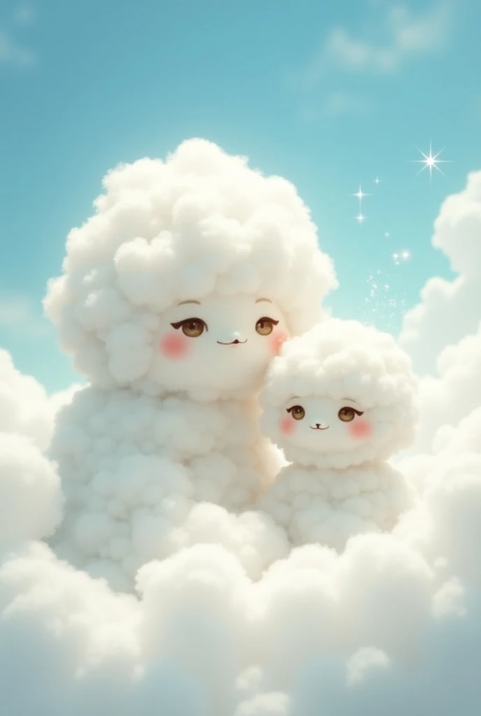 A small fluffy cloud named Fluffy with a determined expression, slightly squinting her eyes and smiling focusedly, as she gathers water within herself. Nimbus, an older cloud, smiles proudly with twinkling eyes, showing encouragement.