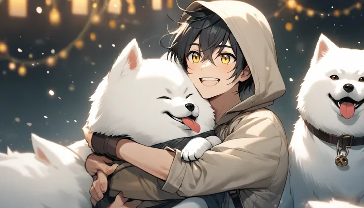 Young man with yellow eyes,  black hair and a hood ,  hugs a winter samoyed and smiles