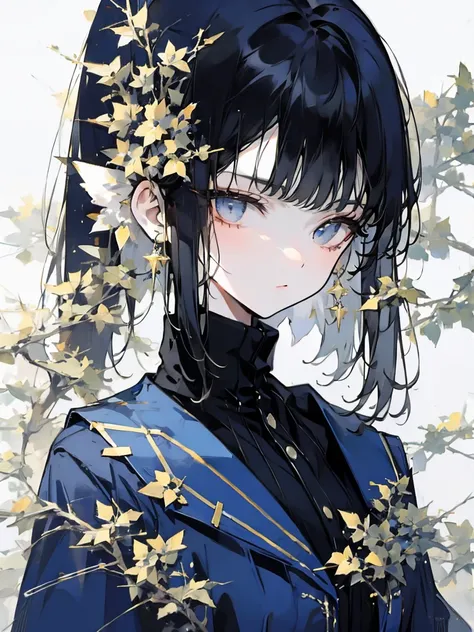 High quality, delicate, comic drawing, beautiful girl with beautiful and distinctive eyes, bobbed hair, navy blue blouse, hand over glasses, fashionable atmosphere --ar 2:3 --quality 0.5 --niji 6