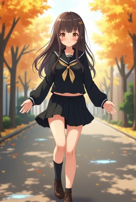 tutututu, black school uniform, black serafuku, sailor collar, black miniskirt, long sleeves, realistic anime, beautiful bulky European woman , an anatomically correct , crosses the road with some pools of water, everyday scene of autumn, beautiful and del...