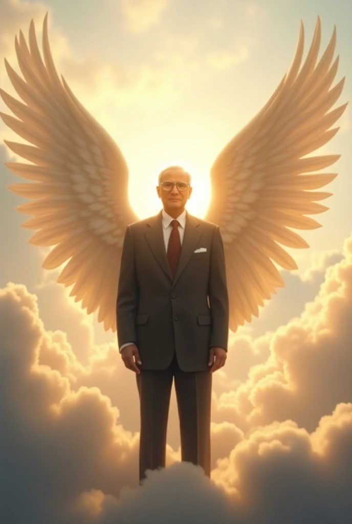 "Highly detailed and realistic image, An ethereal and serene scene in the afterlife, with Real face Ratan Tata standing majestically at the center, surrounded by soft, glowing clouds. He is in a dignified pose, wearing a formal suit, with his calm, wise ex...