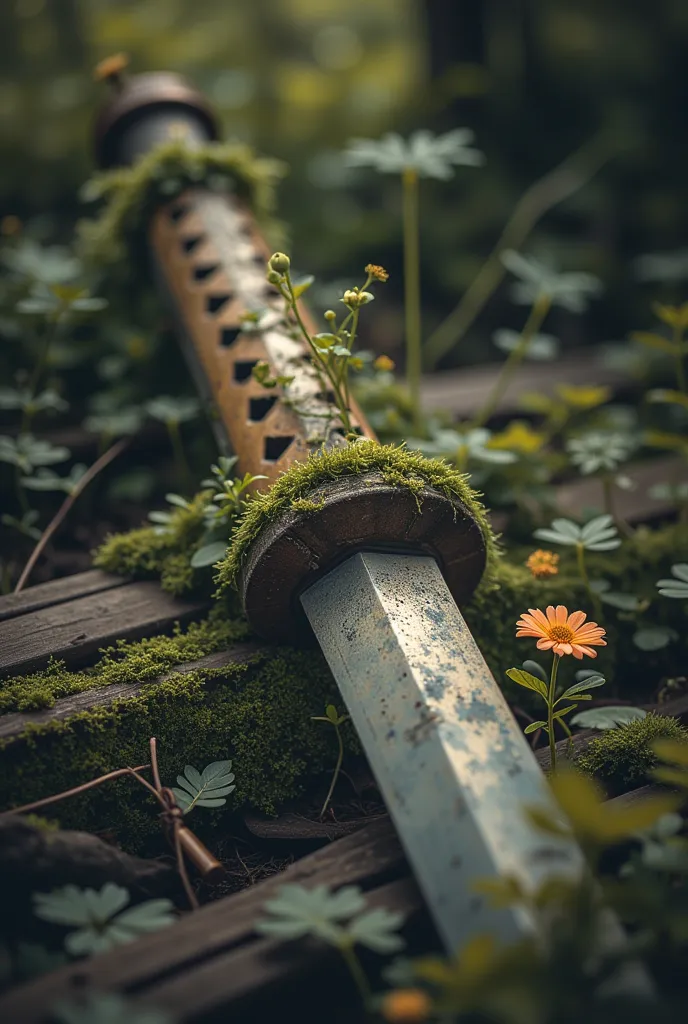 katana，覆盖着青苔和植物的腐烂katana，katana，katana, signs of decay,katana，small flower, in the dark,in conclusion,photography