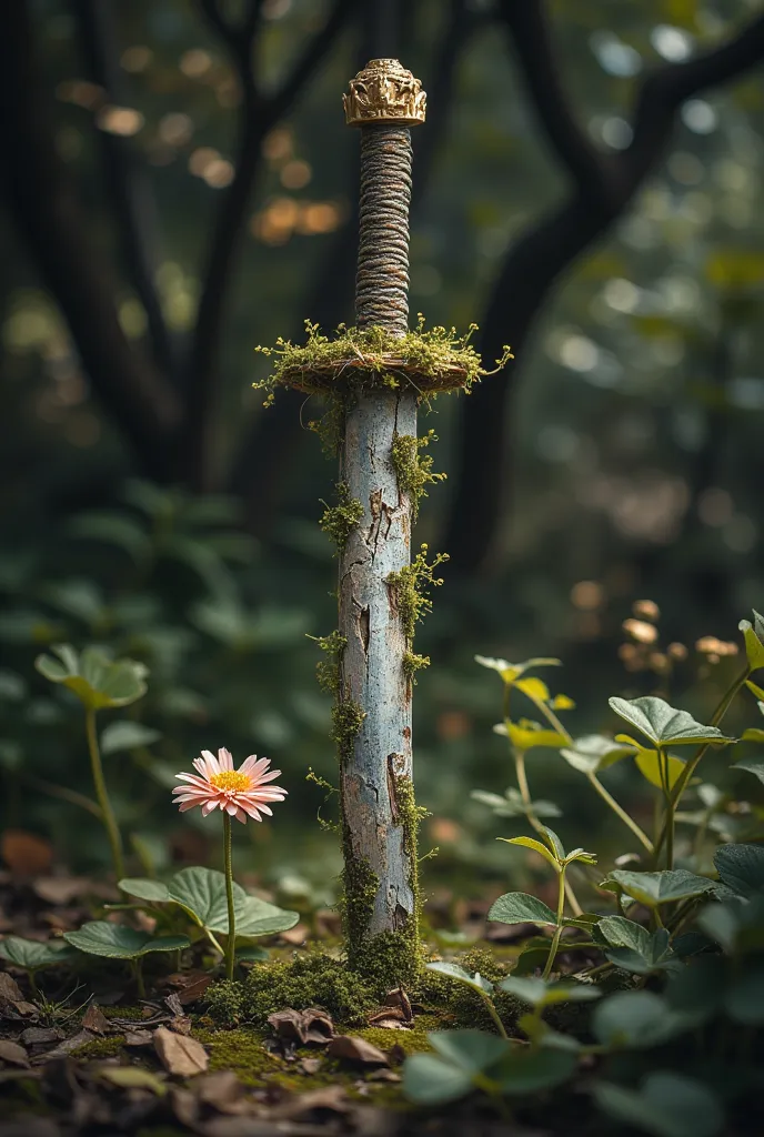 katana，覆盖着青苔和植物的腐烂katana，katana，katana, signs of decay,katana，small flower, in the dark,in conclusion,photography